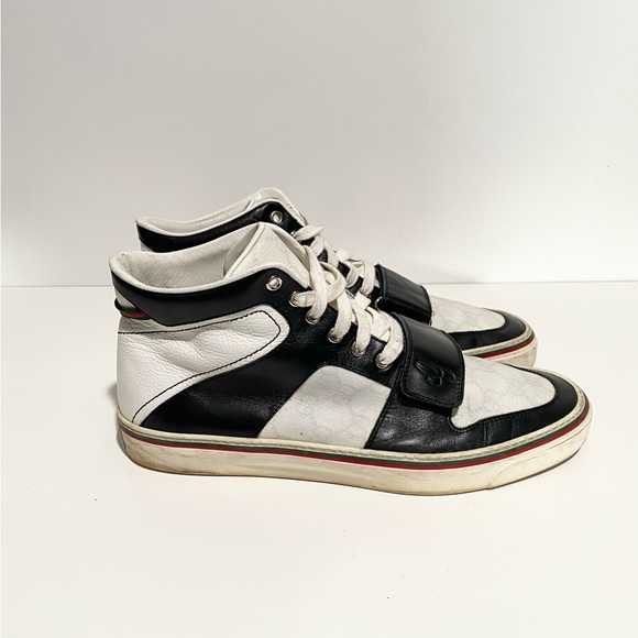 Men's Gucci GG Monogram Leather Strap‎ Lace Up Black and White High-Top Sneakers - Picture 1 of 8